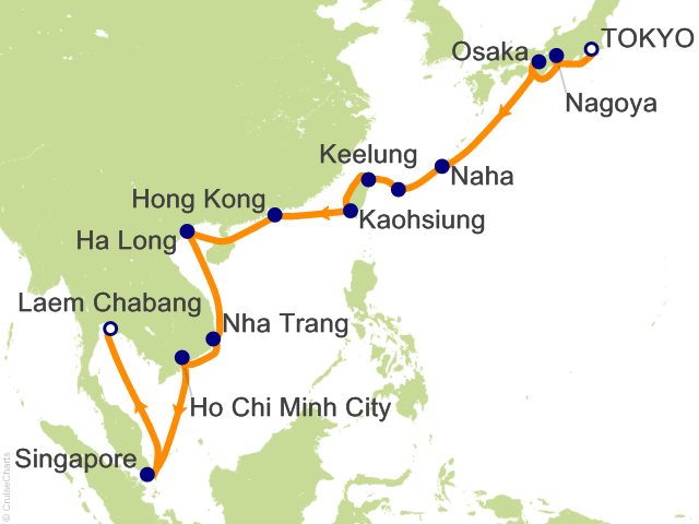 Carte de l’itinéraire Seven Seas Explorer, Tokyo → Bangkok (Laem Chabang)