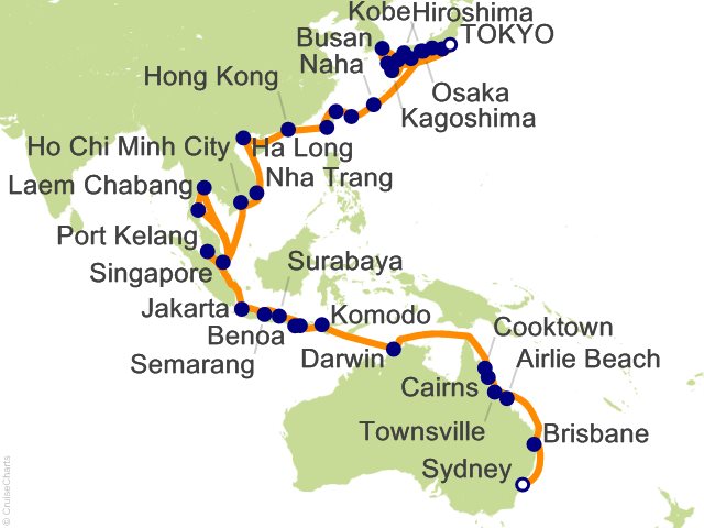 Carte de l’itinéraire Seven Seas Explorer, Tokyo → Sydney