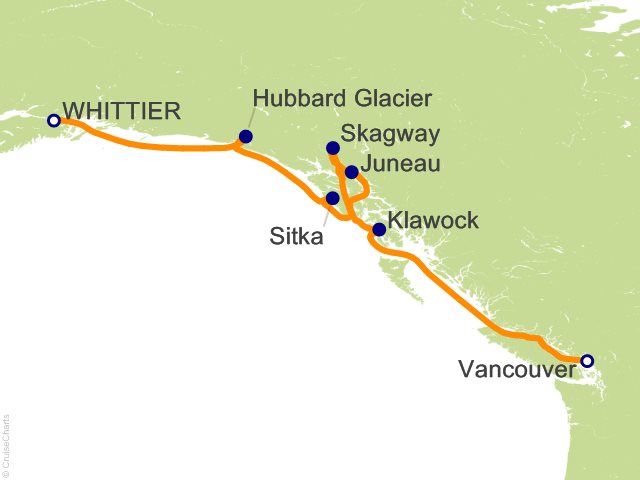 Carte de l’itinéraire Seven Seas Explorer, Whittier → Vancouver
