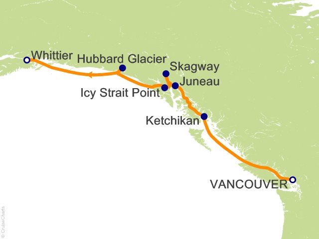 Carte de l’itinéraire Seven Seas Explorer, Vancouver → Seward