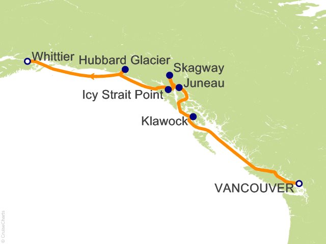 Carte de l’itinéraire Seven Seas Explorer, Vancouver → Whittier