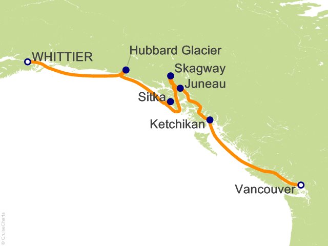 Carte de l’itinéraire Seven Seas Explorer, Whittier → Vancouver