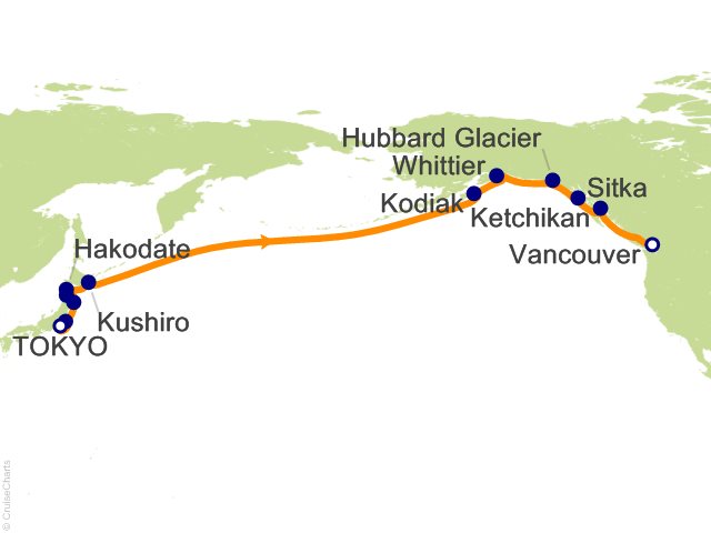 Carte de l’itinéraire Seven Seas Explorer, Tokyo → Vancouver