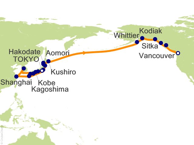 Carte de l’itinéraire Seven Seas Explorer, Tokyo → Vancouver
