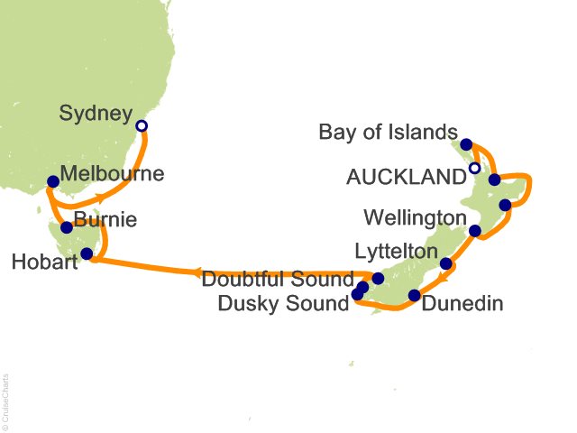 Carte de l’itinéraire Seven Seas Explorer, Auckland → Sydney