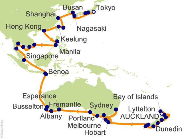 Carte de l’itinéraire Seven Seas Explorer, Auckland → Tokyo (Yokohama)