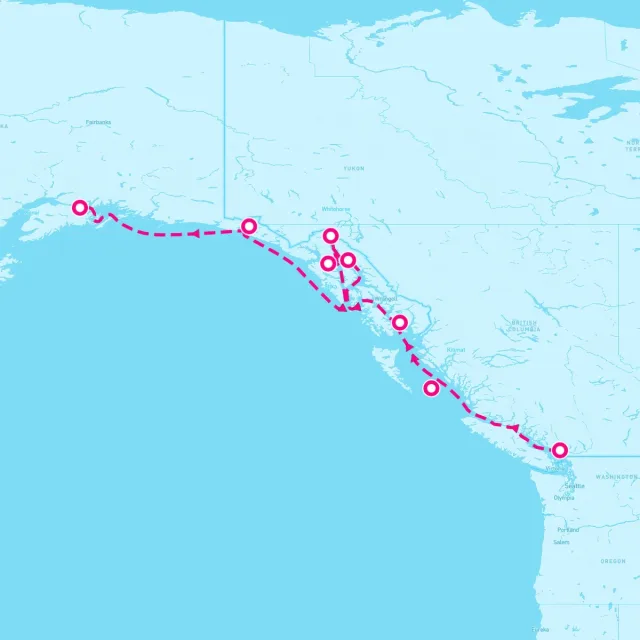 Carte de l’itinéraire Seven Seas Explorer, Vancouver → Whittier