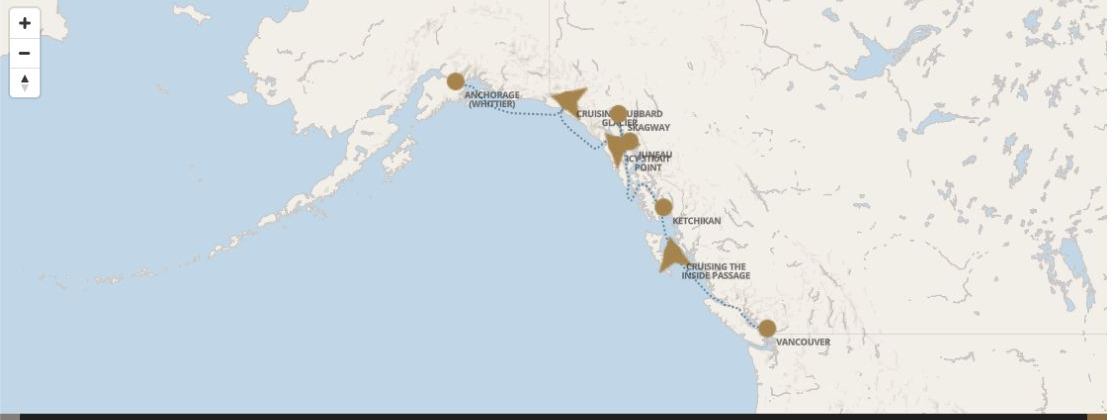 Carte de l’itinéraire Seven Seas Explorer, Vancouver → Whittier