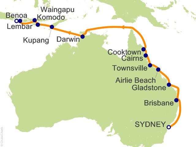Carte de l’itinéraire Seven Seas Explorer, Sydney → Bali (Benoa)