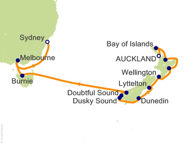 Carte de l’itinéraire Seven Seas Explorer, Auckland → Sydney