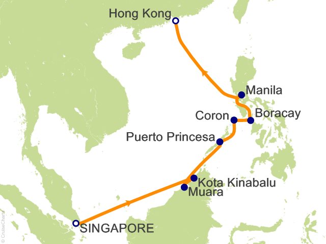 Carte de l’itinéraire Seven Seas Explorer, Singapour → Hong Kong