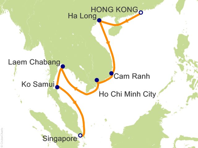 Carte de l’itinéraire Seven Seas Explorer, Hong Kong → Singapour