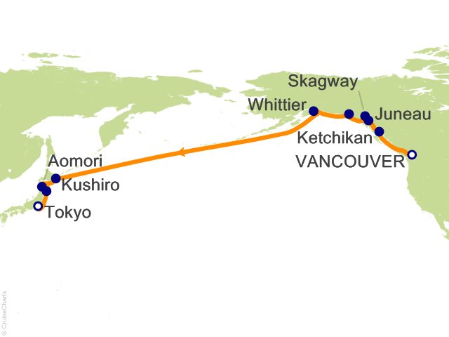 Carte de l’itinéraire Seven Seas Explorer, Vancouver → Tokyo
