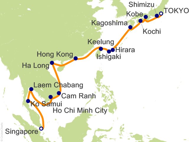 Carte de l’itinéraire Seven Seas Explorer, Tokyo → Singapour