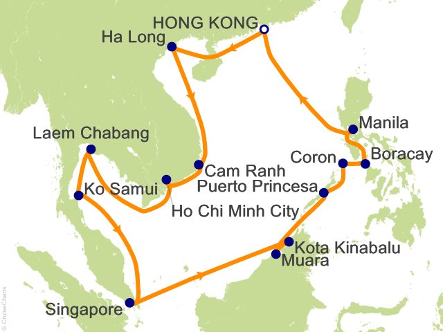 Carte de l’itinéraire Seven Seas Explorer, Hong Kong → Hong Kong