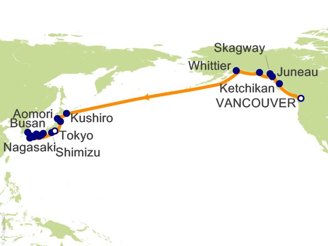 Carte de l’itinéraire Seven Seas Explorer, Vancouver → Tokyo