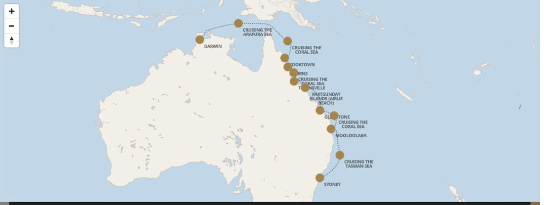 Carte de l’itinéraire Seven Seas Explorer, Sydney → Darwin