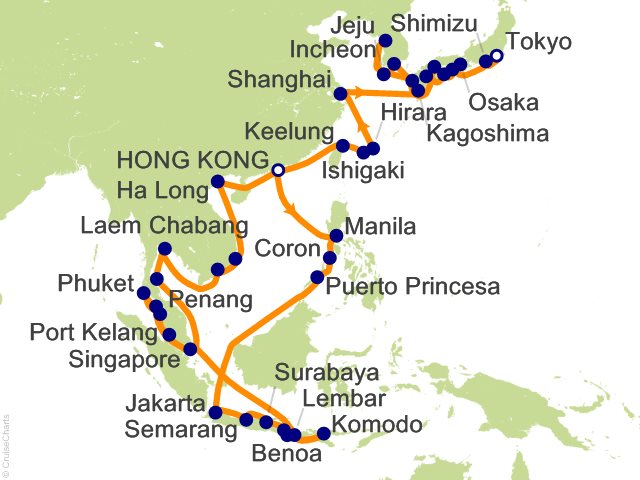 Carte de l’itinéraire Seven Seas Explorer, Hong Kong → Tokyo