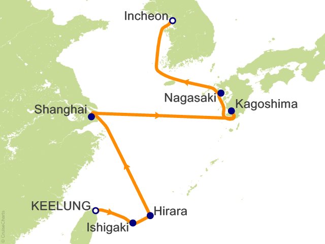 Carte de l’itinéraire Seven Seas Explorer, Taipei (Keelung) → Seoul (Incheon)
