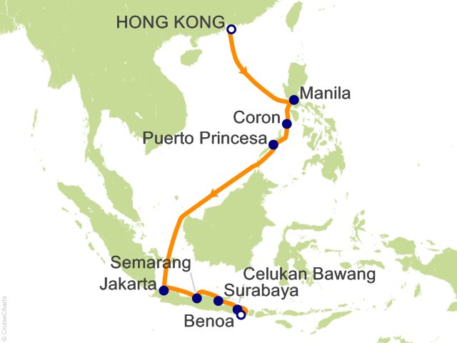 Carte de l’itinéraire Seven Seas Explorer, Hong Kong → Bali (Benoa)