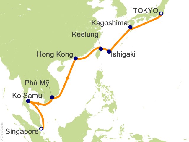 Carte de l’itinéraire Seven Seas Explorer, Tokyo → Singapour