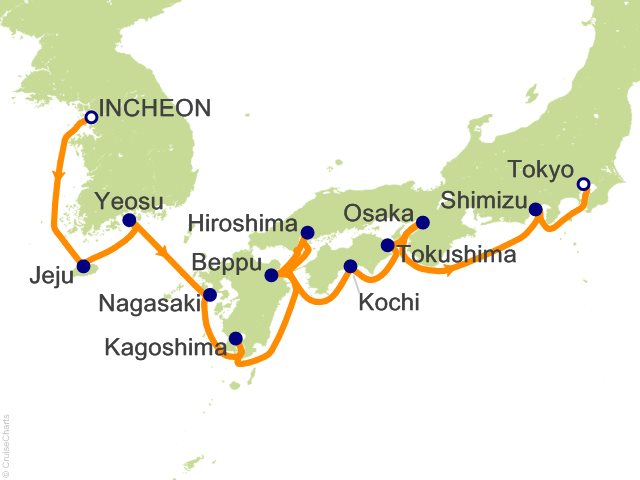 Carte de l’itinéraire Seven Seas Explorer, Seoul (Incheon) → Tokyo