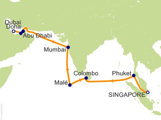Carte de l’itinéraire Seven Seas Explorer, Singapour → Doha
