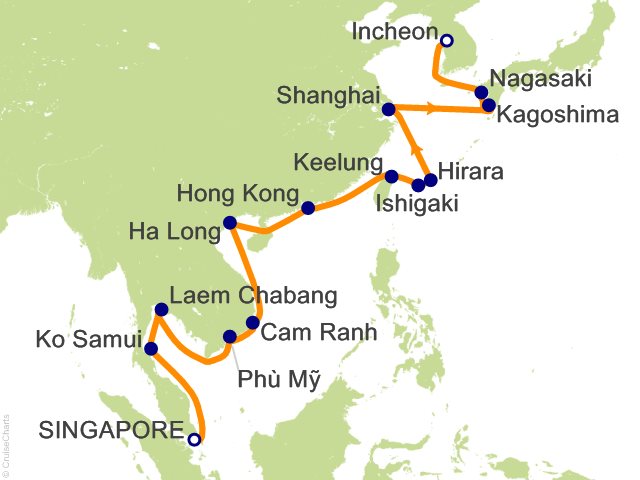 Carte de l’itinéraire Seven Seas Explorer, Singapour → Seoul (Incheon)