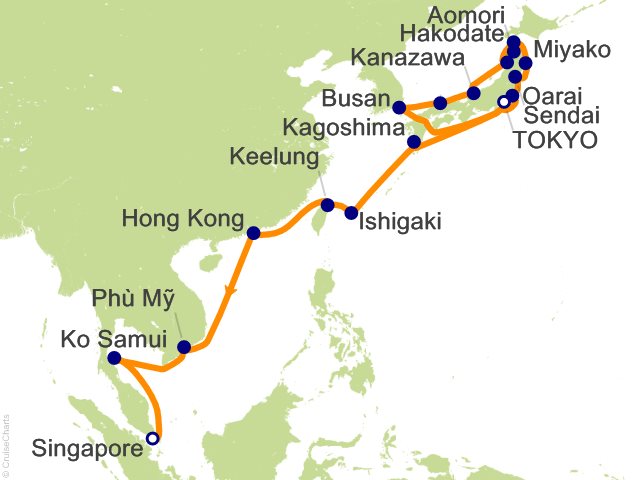 Carte de l’itinéraire Seven Seas Explorer, Tokyo → Singapour