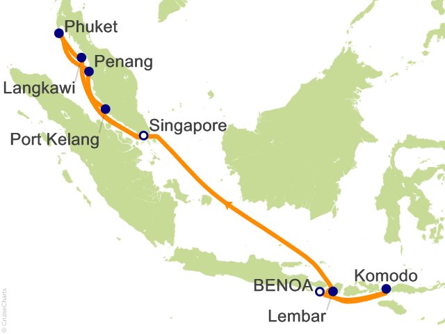 Carte de l’itinéraire Seven Seas Explorer, Bali (Benoa) → Singapour