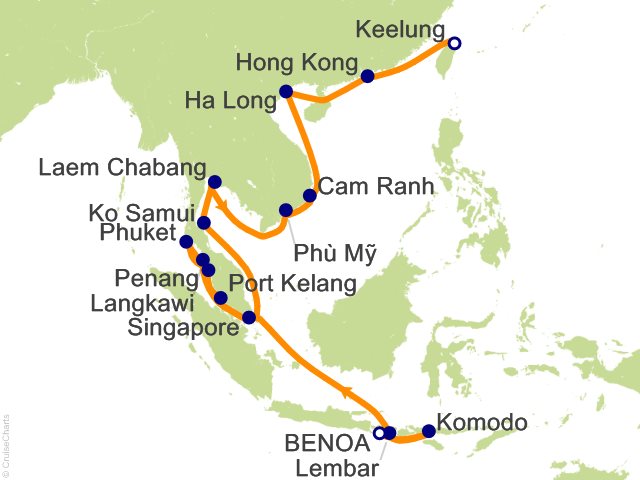 Carte de l’itinéraire Seven Seas Explorer, Bali (Benoa) → Taipei (Keelung)