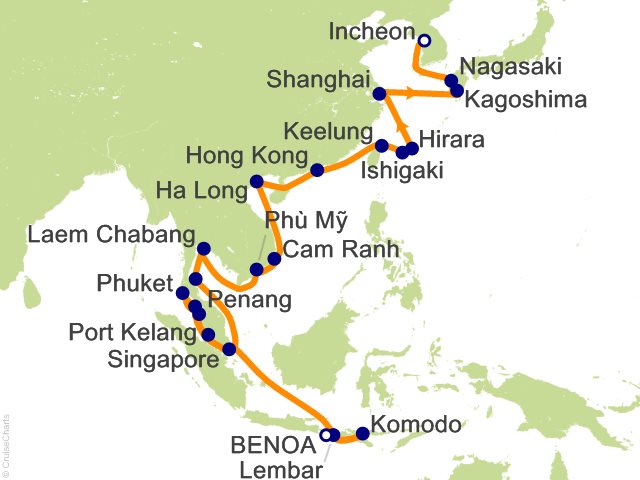 Carte de l’itinéraire Seven Seas Explorer, Bali (Benoa) → Seoul (Incheon)