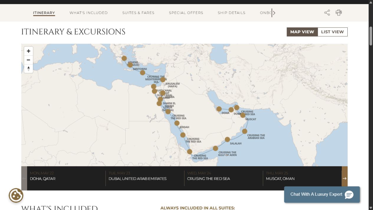 Carte de l’itinéraire Seven Seas Explorer, Doha → Athènes (Le Pirée)