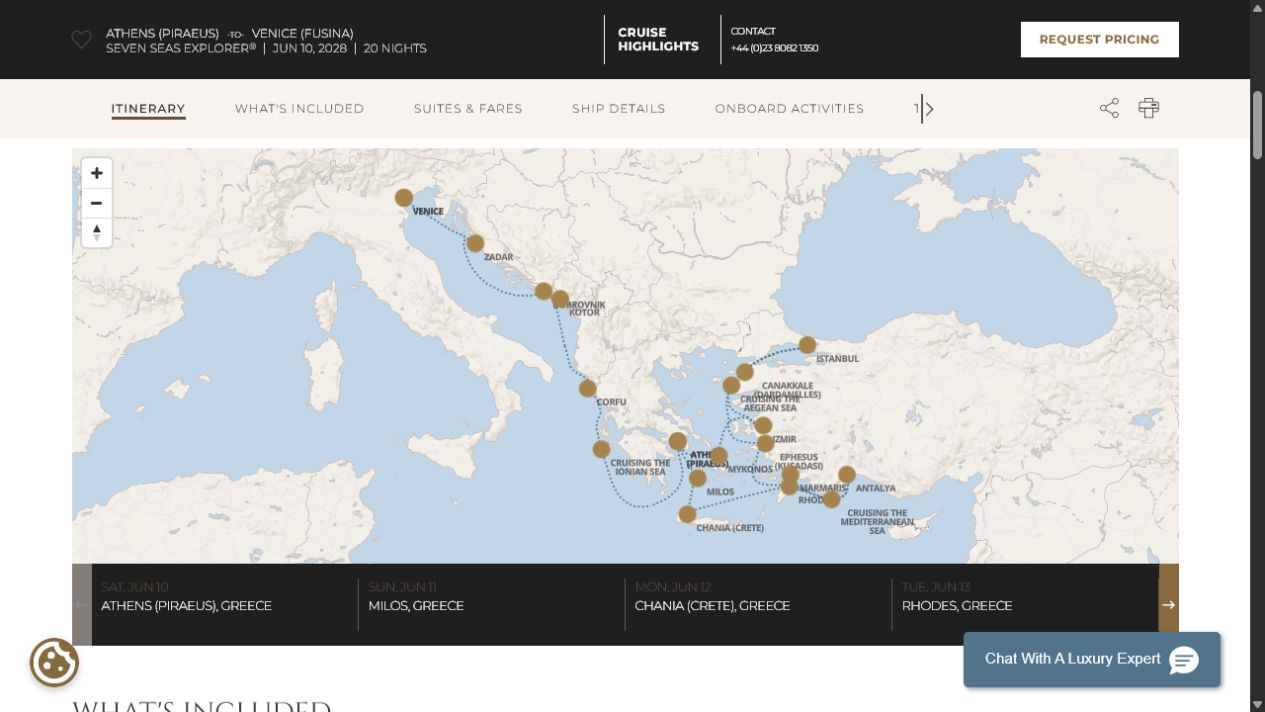 Carte de l’itinéraire Seven Seas Explorer, Athènes (Le Pirée) → Venise (Fusina)