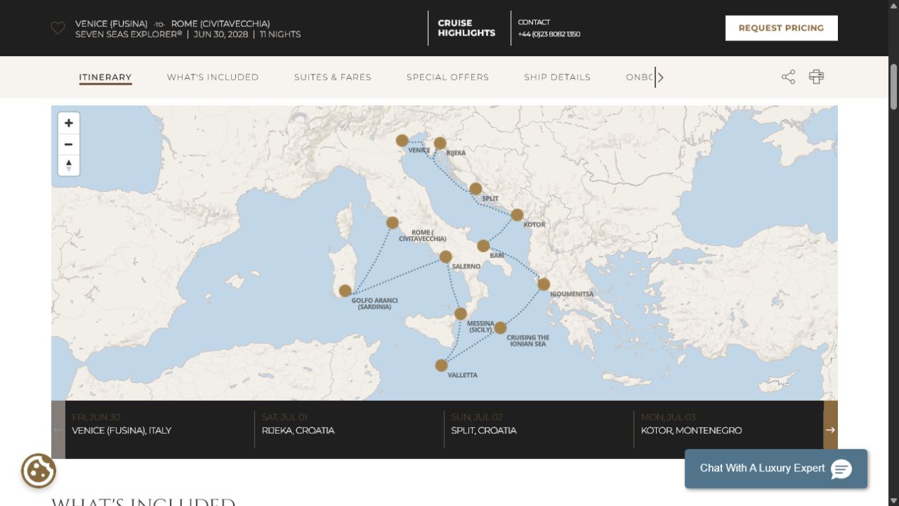 Carte de l’itinéraire Seven Seas Explorer, Venise (Fusina) → Rome (Civitavecchia)