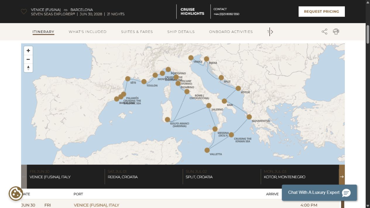Carte de l’itinéraire Seven Seas Explorer, Venise (Fusina) → Barcelone