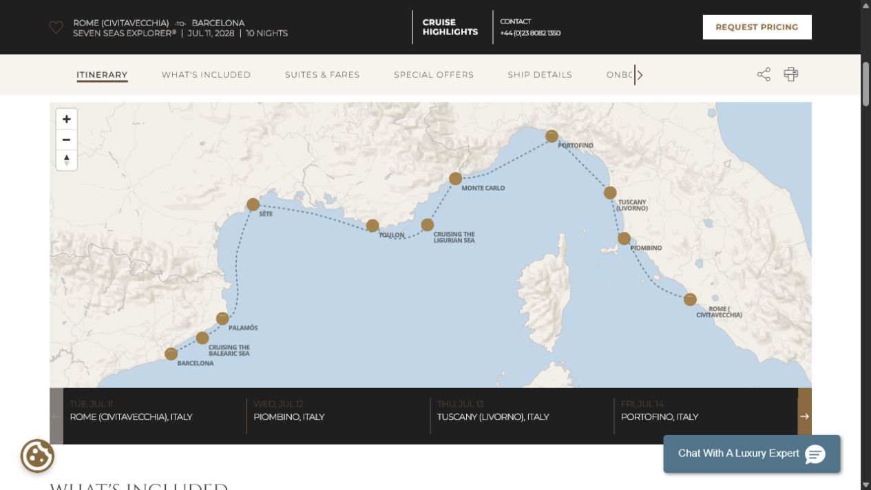 Carte de l’itinéraire Seven Seas Explorer, Rome (Civitavecchia) → Barcelone