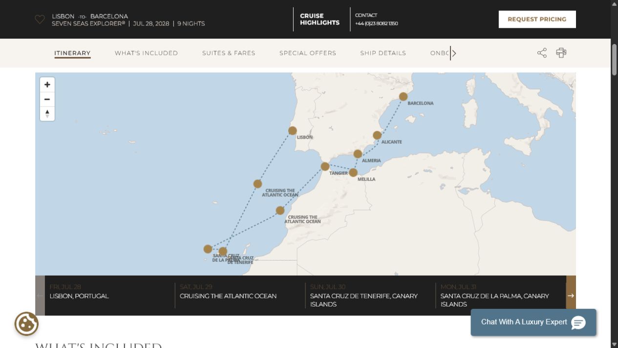 Carte de l’itinéraire Seven Seas Explorer, Lisbonne → Barcelone