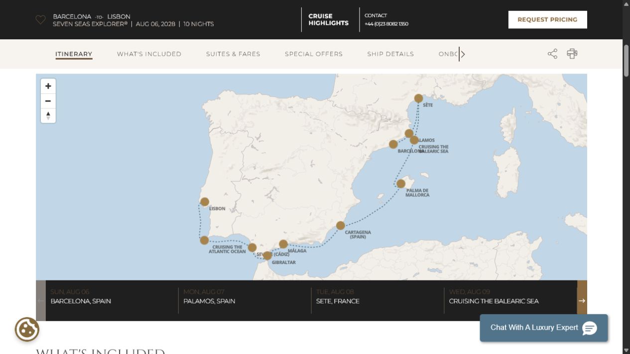 Carte de l’itinéraire Seven Seas Explorer, Barcelone → Lisbonne