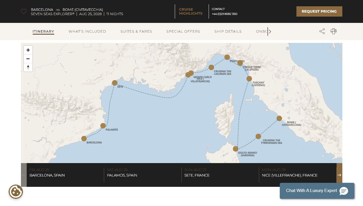 Carte de l’itinéraire Seven Seas Explorer, Barcelone → Rome (Civitavecchia)