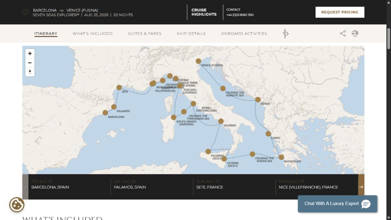 Carte de l’itinéraire Seven Seas Explorer, Barcelone → Venise (Fusina)