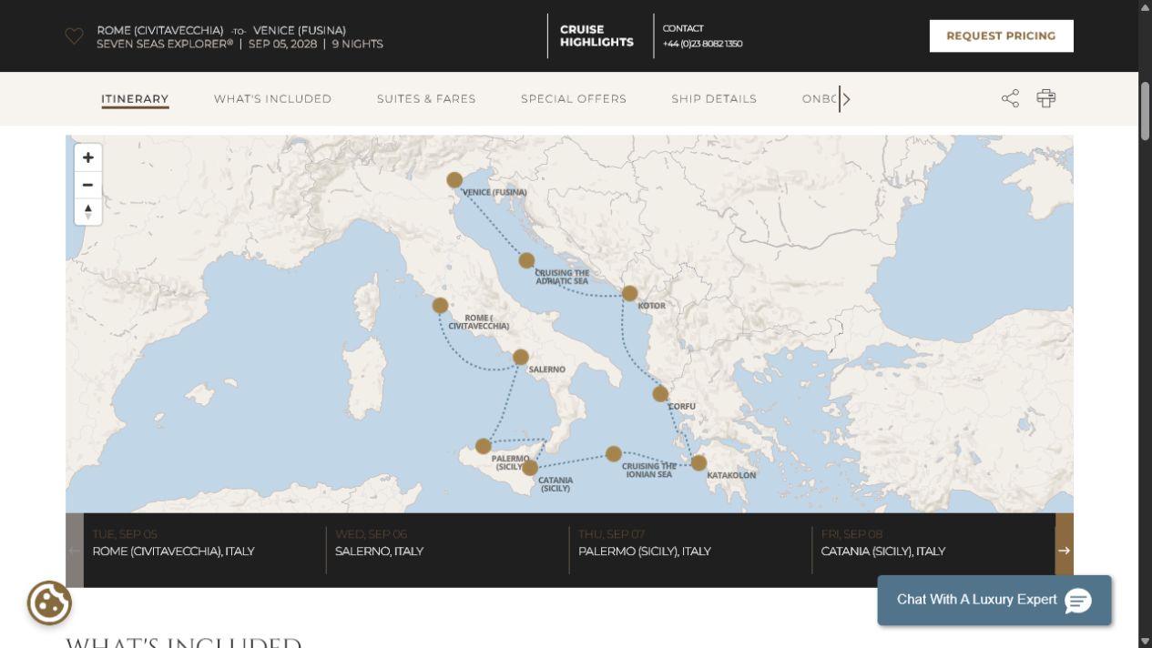 Carte de l’itinéraire Seven Seas Explorer, Rome (Civitavecchia) → Venise (Fusina)