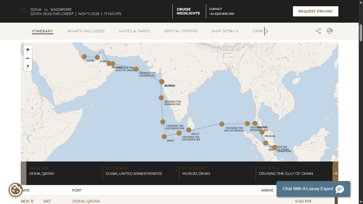 Carte de l’itinéraire Seven Seas Explorer, Doha → Singapour