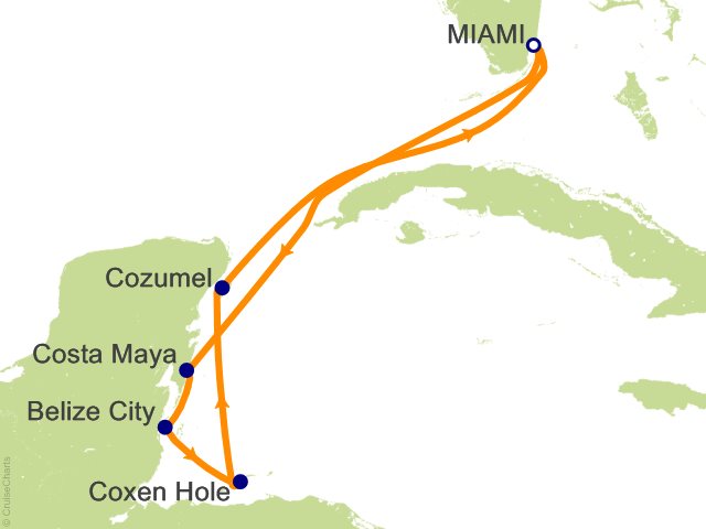 Carte de l’itinéraire Seven Seas Grandeur, Aller-retour au départ de Miami → Roundtrip Miami