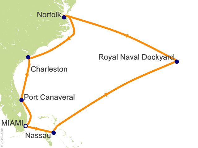 Carte de l’itinéraire Seven Seas Grandeur, Aller-retour au départ de Miami → Roundtrip Miami