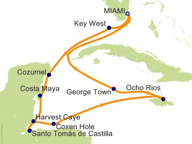 Carte de l’itinéraire Seven Seas Grandeur, Aller-retour au départ de Miami → Roundtrip Miami