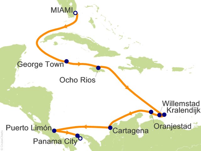Carte de l’itinéraire Seven Seas Grandeur, Miami → Panama