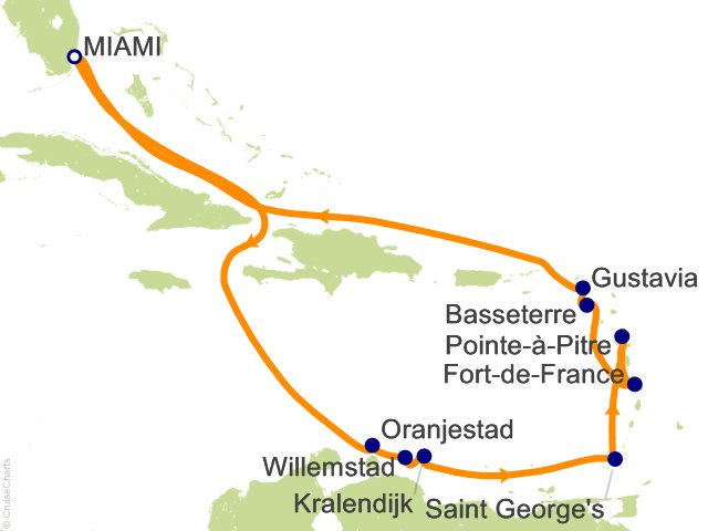 Carte de l’itinéraire Seven Seas Grandeur, Aller-retour au départ de Miami → Roundtrip Miami