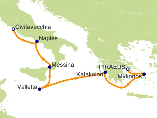 Carte de l’itinéraire Seven Seas Grandeur, Athènes (Le Pirée) → Rome (Civitavecchia)