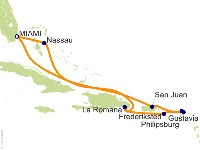 Carte de l’itinéraire Seven Seas Grandeur, Miami → Miami